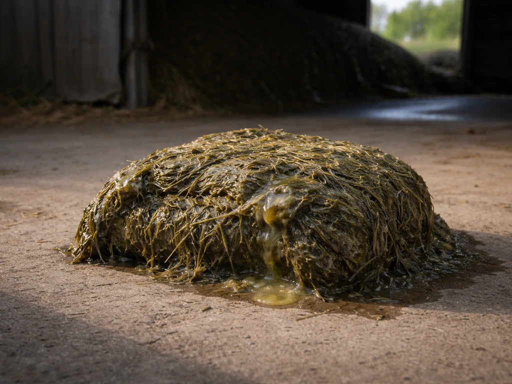 Close-up van slijmerig, te nat ingekuild gras op betonnen vloer bij een kuil, zonder mensen.