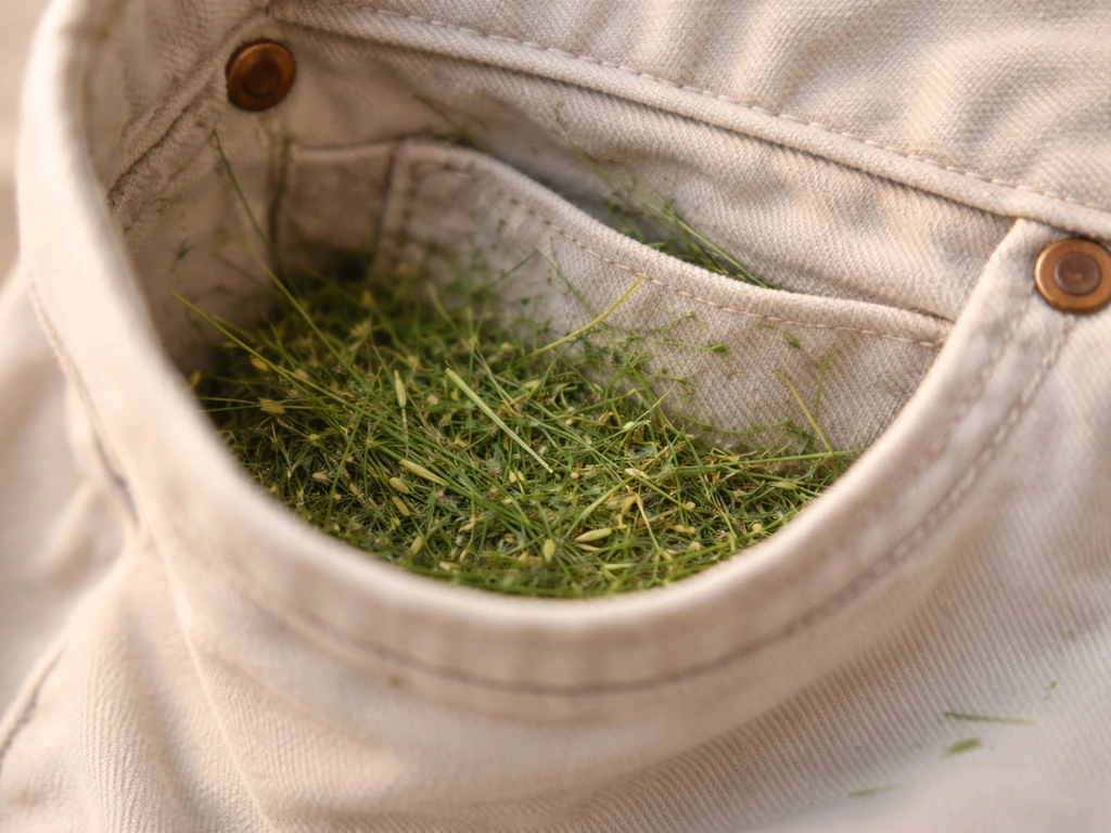 Close-up van graspluizen en kleine grassprieten op stof in een broekzak, met zacht natuurlijk licht.