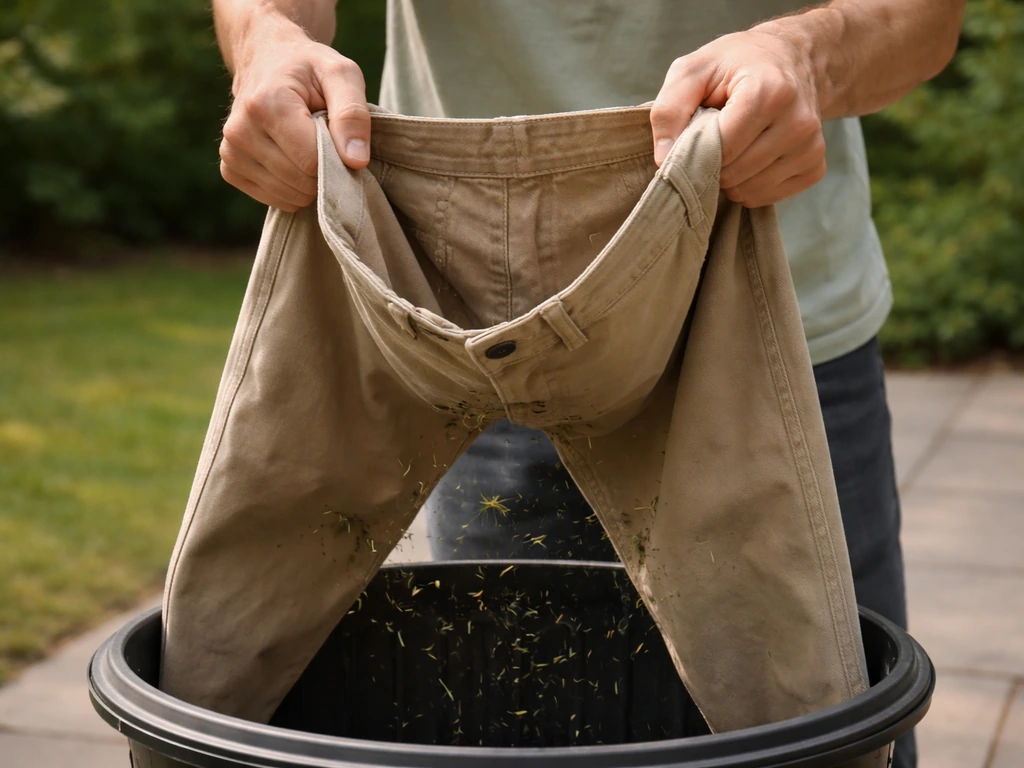 Droge broek wordt aan de binnenkant boven een vuilnisbak stevig uitgeklopt om graspluizen te verwijderen.