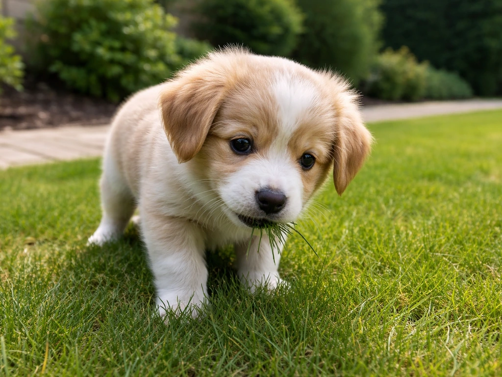 Kleine puppy die in de tuin af en toe gras afbijt, kleine hoeveelheid, natuurlijke momentopname.