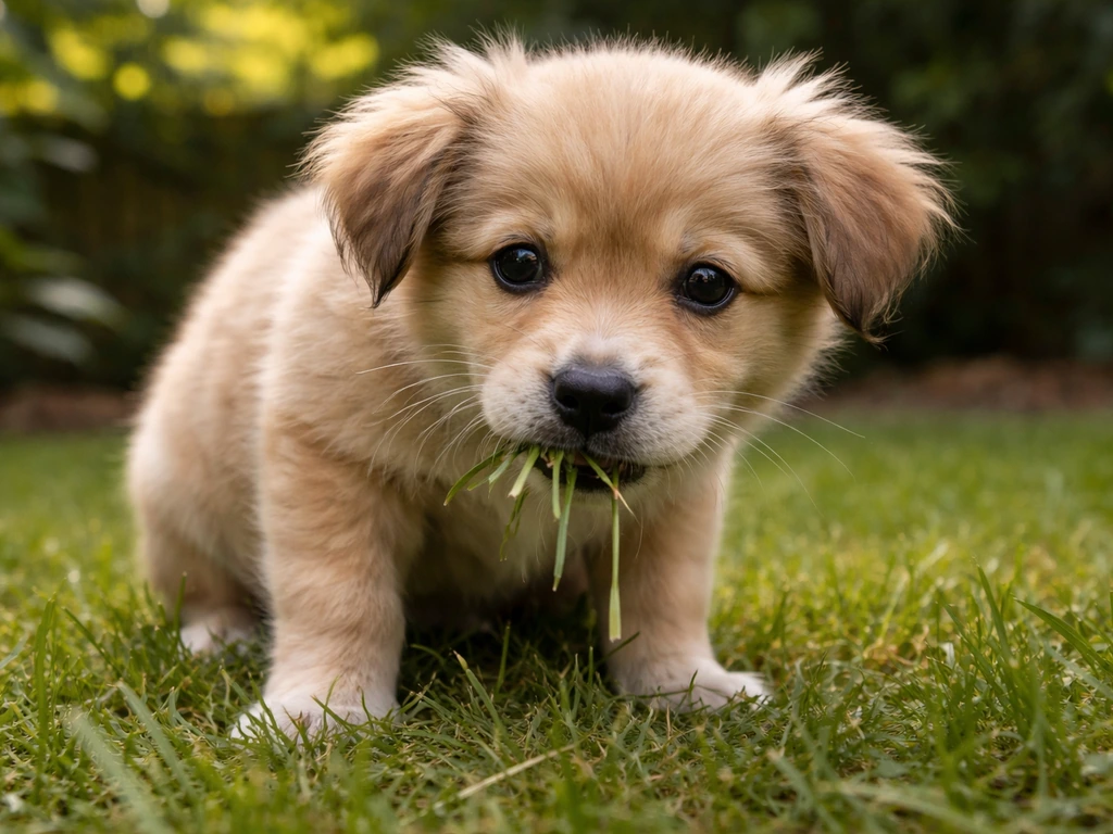 Kleine pup die vers gras eet, met voorover-hangende houding en subtiel kwijlen van maagklachten.