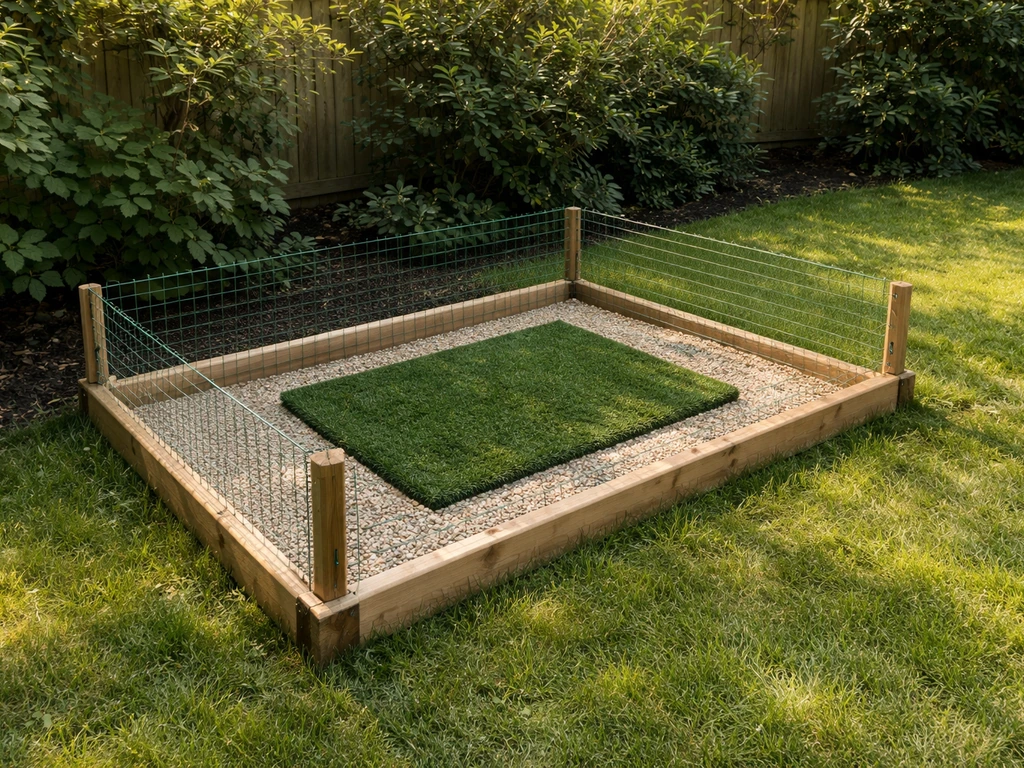 Afgeschermd tuinperk met een aangewezen plasplek voor een pup, eenvoudige, veilige inrichting