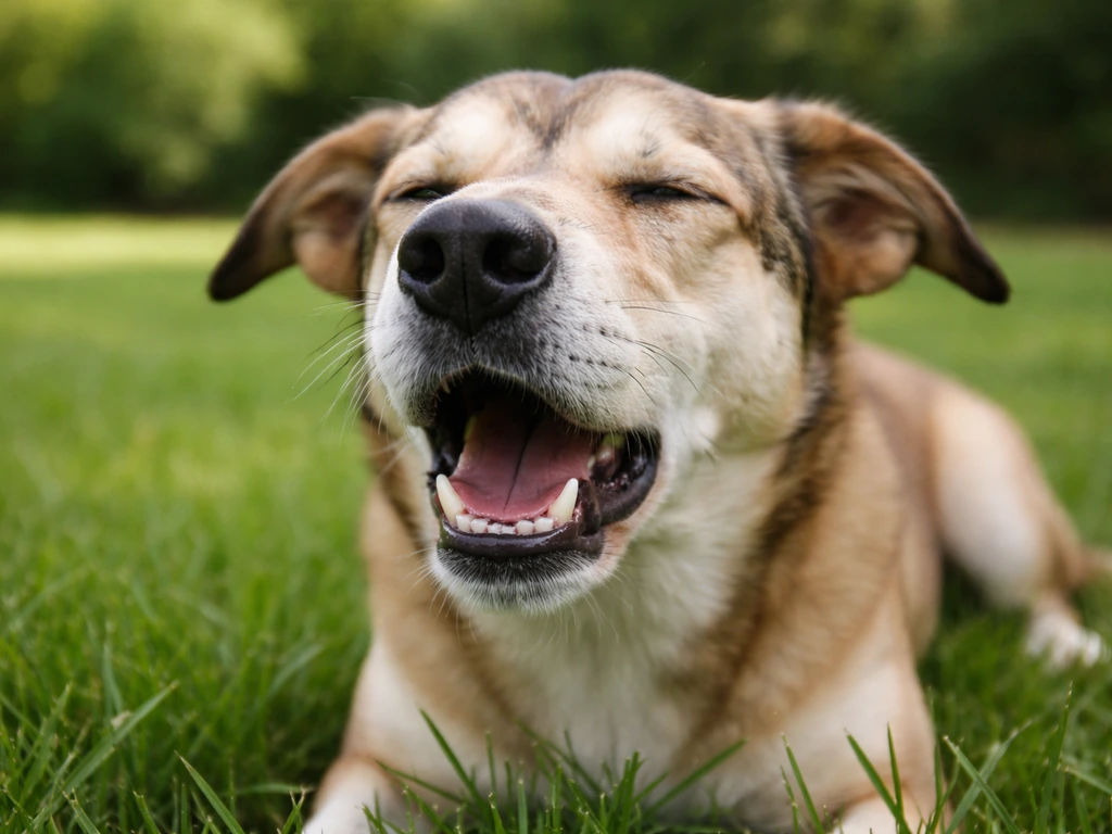 Hond in het gras die snuift en licht niest, met focus op neus en buitenlucht