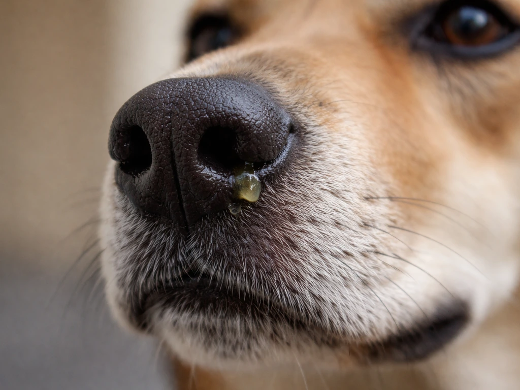 Close-up van een hondensnout met zichtbare neusuitvloeiing rond één neusgat en lichte irritatie.