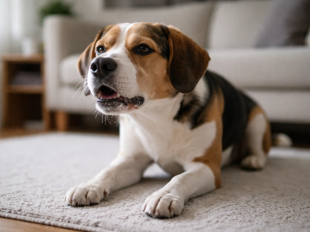 Een hond die geagiteerd niest, met lichte ademhalingsstress in een rustige woonkamer.