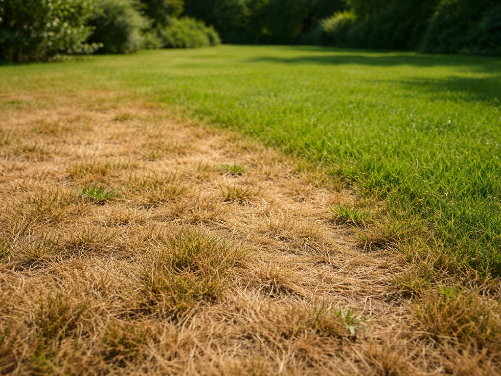 Verdroogd gazon met knapperige, bruine sprieten en nog groenere plekken naast elkaar.