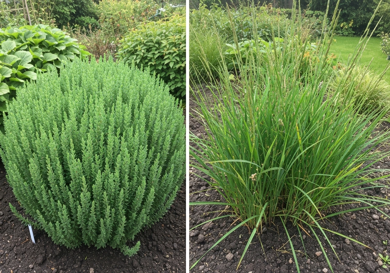 Twee stroken gazon: rechts kort gemaaid en geel, links gezond en groen; eenvoudige tuinsetting bij daglicht.