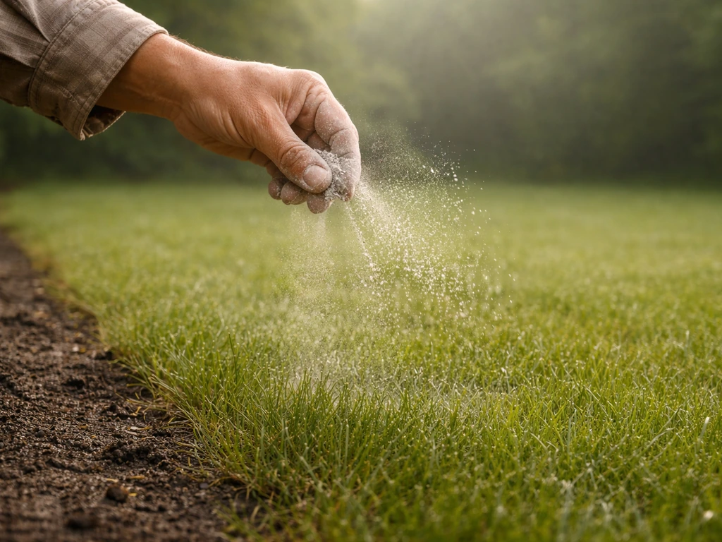 Iemand strooit lavameel op een groen gazon; vochtige grond en vers uitgewaaide korrels in het voorjaar.