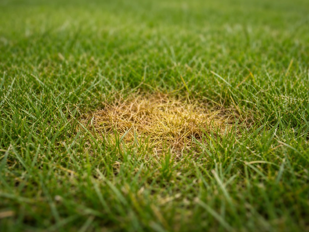 Close-up van gras met gele/bruinige brandplek in een duidelijke urinezone, met vage achtergrond van grasmat.