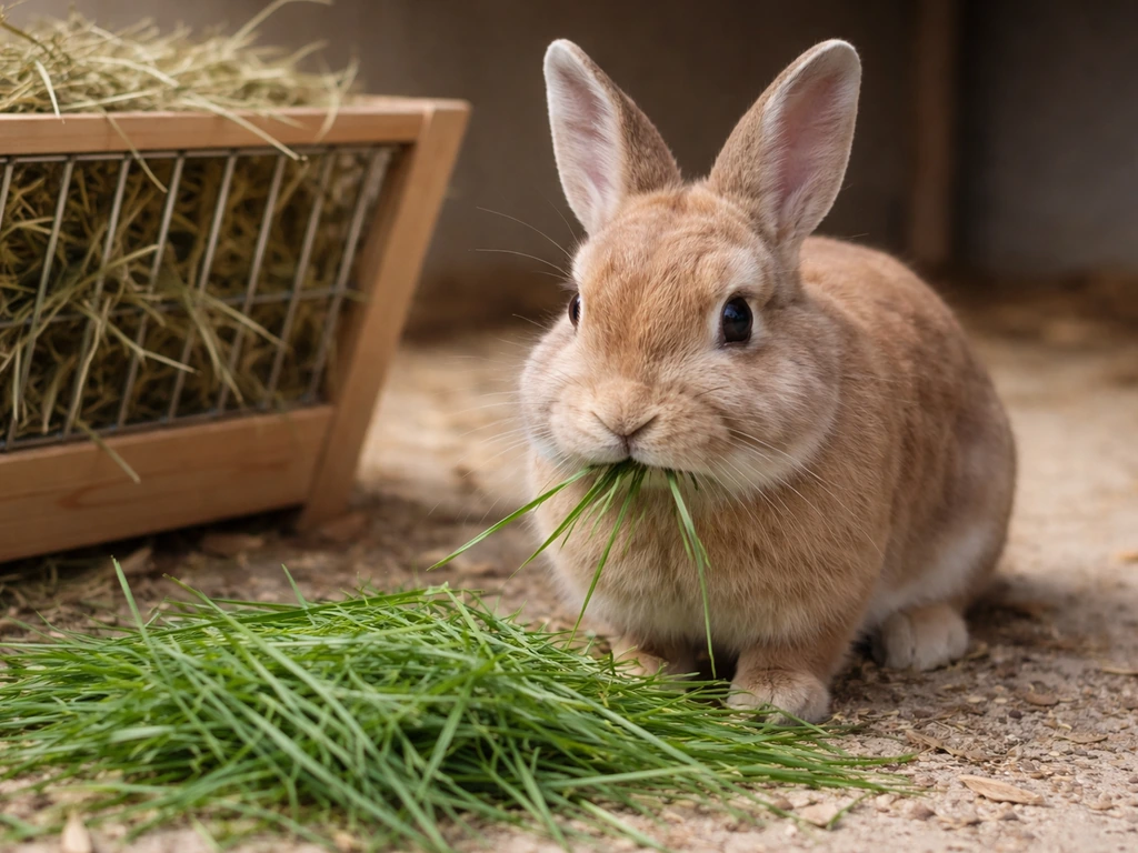 Konijn dat vers gras knabbelt bij een hooiruif op een schone, veilige plek