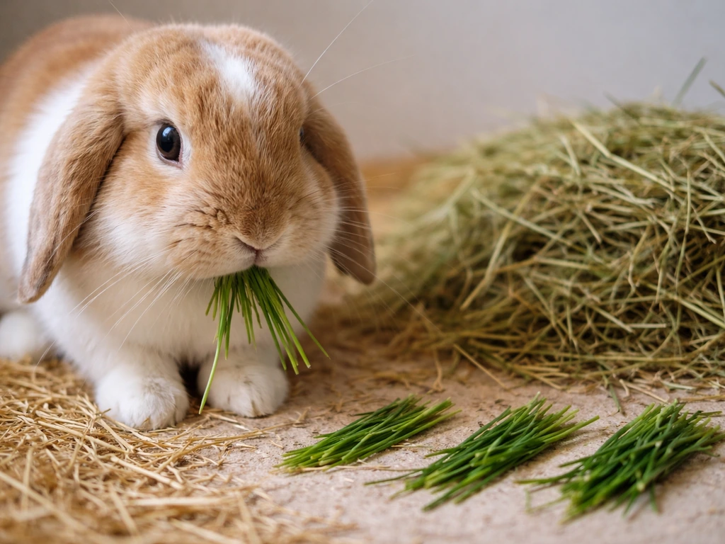 Konijn dat rustig een kleine portie vers gras eet naast hooi, met opbouw in kleine stapjes in één beeld