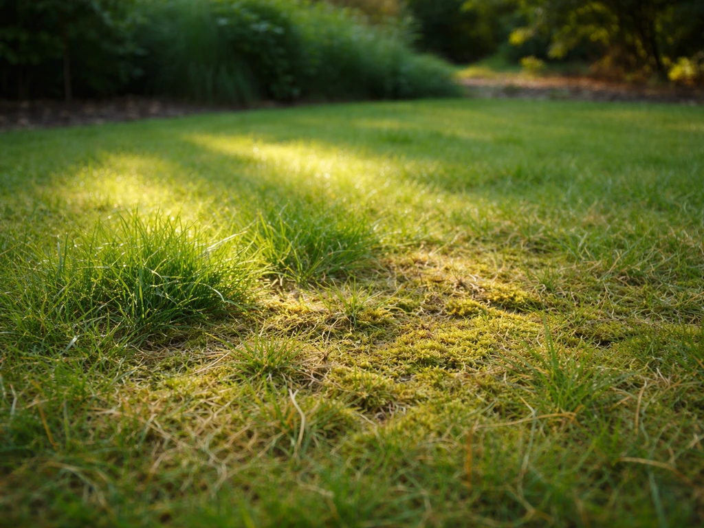 Close-up van gazon met mos en viltachtige plekken die het gras verdringen.
