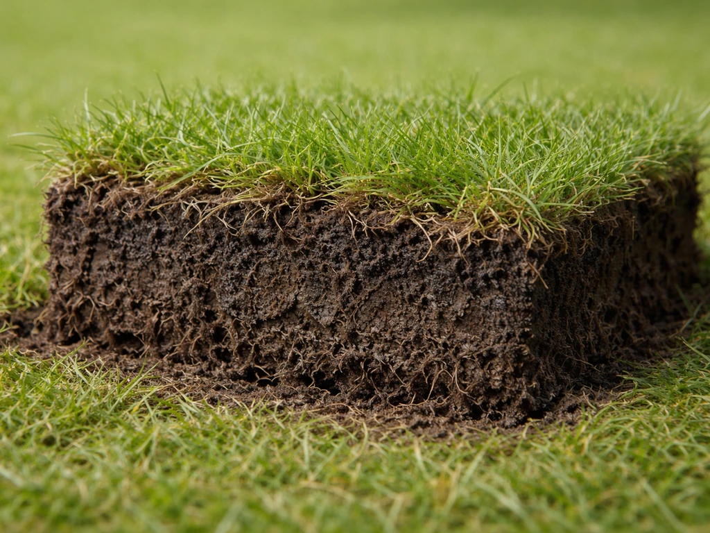 Gegraven pluk graszode met viltige, verdichte onderlaag die laat zien hoe water en lucht slecht doordringen