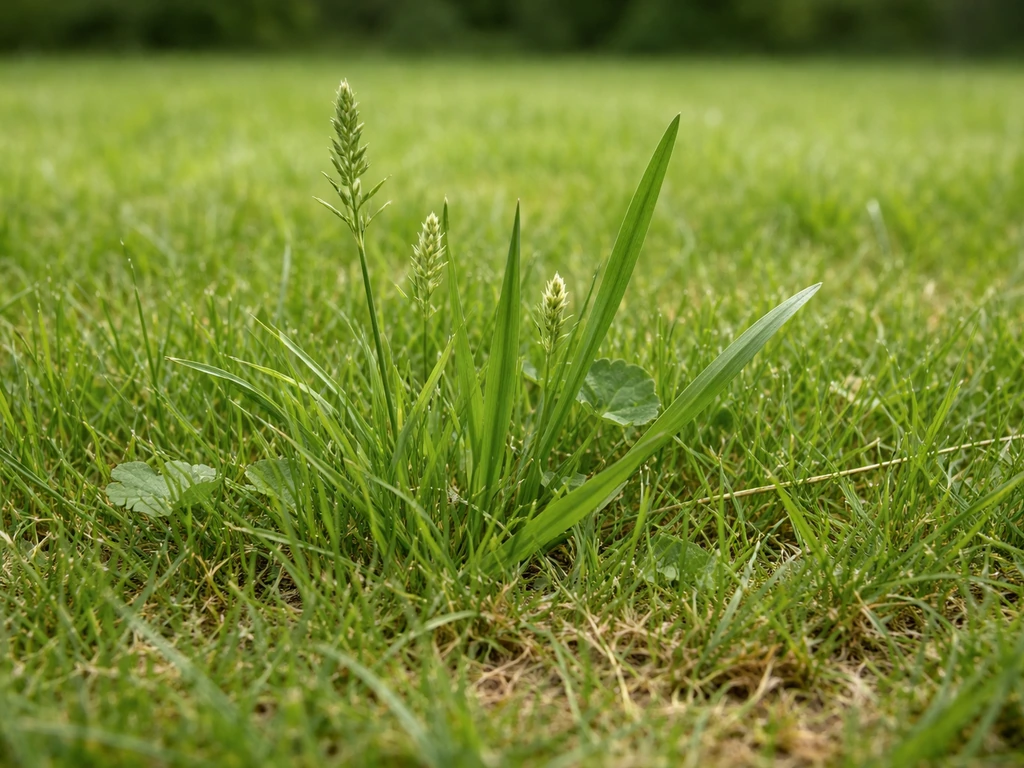 Close-up van een gazon met lichtgroene, grovere sprieten ertussen—duidelijk bont gras in de achtergrond.