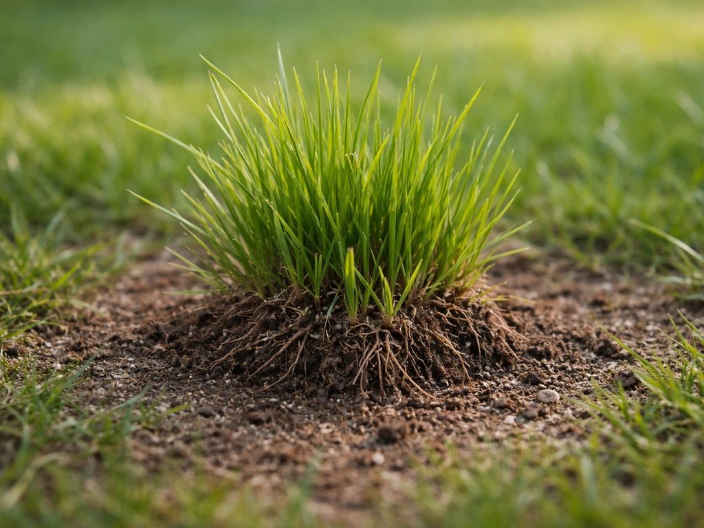 Close-up van een graspol met zichtbare plantbasis en worteltjes in aarde, zacht scherpgesteld in natuurlijk licht.