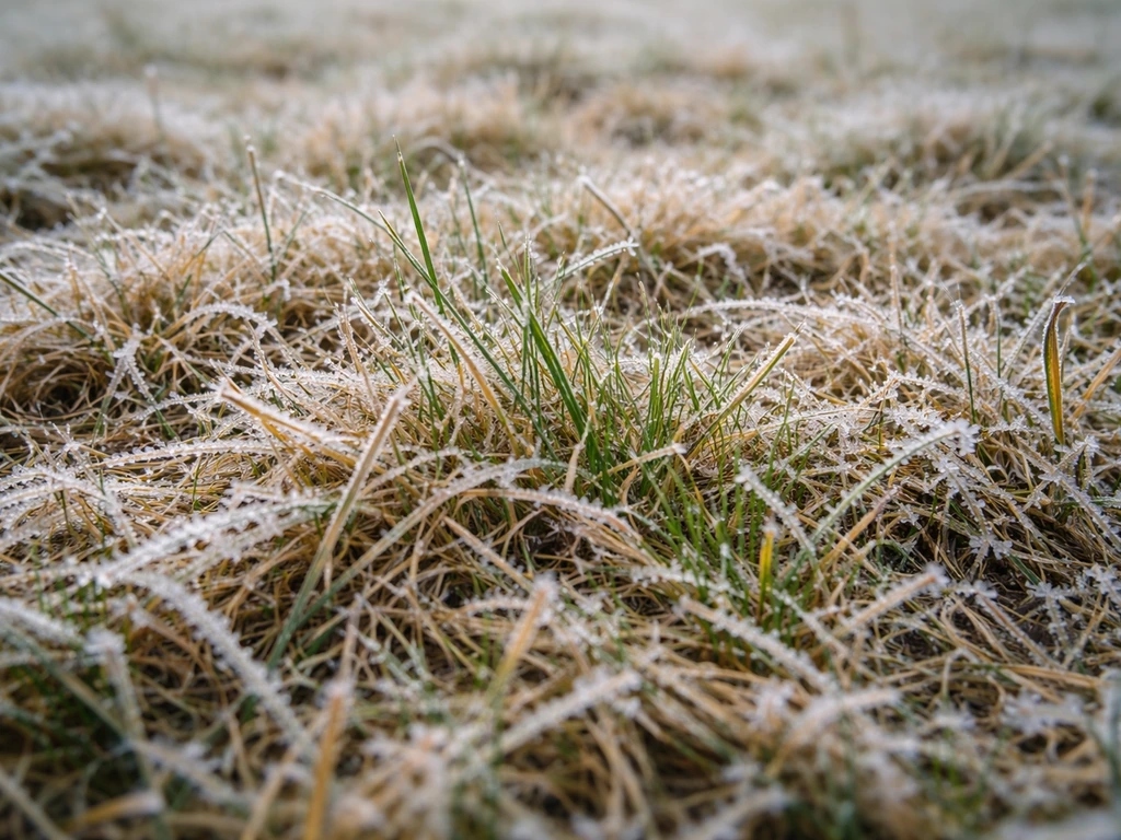 Winterlijk gazon met bruin/gele pollen en toch groene sprietjes die aan de randen nog leven.