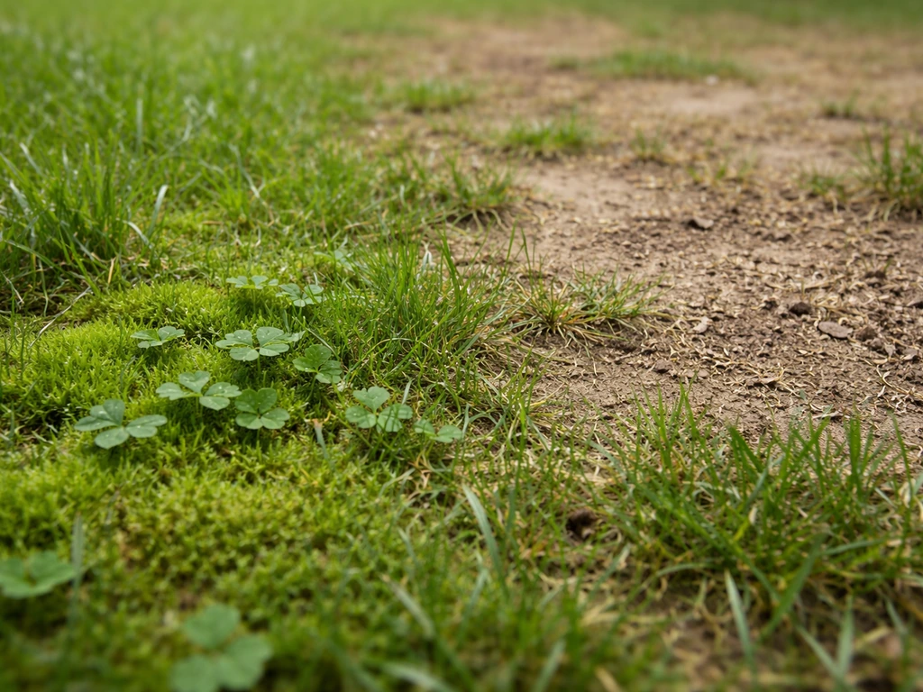 Close-up van gazon met mos en klaverplekken naast kale, droge plekken—bodemconditie zichtbaar in één beeld.