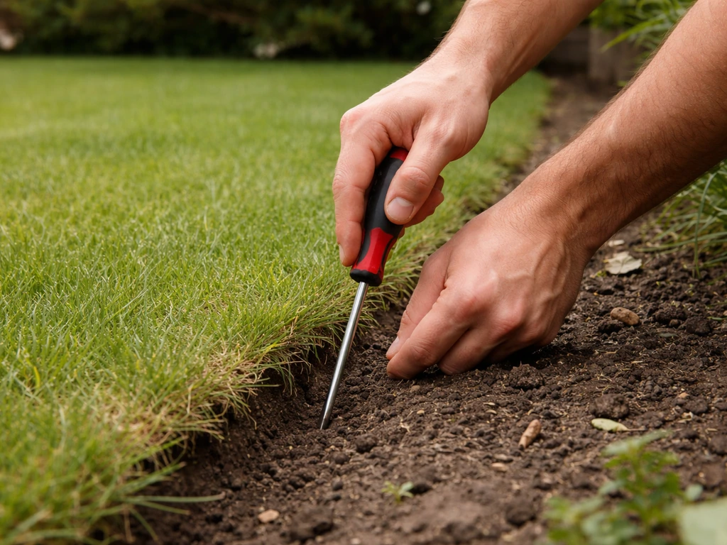 Hand met schroevendraaier die ongeveer 5 cm in de grond prikt bij het gazon voor vochtcheck.