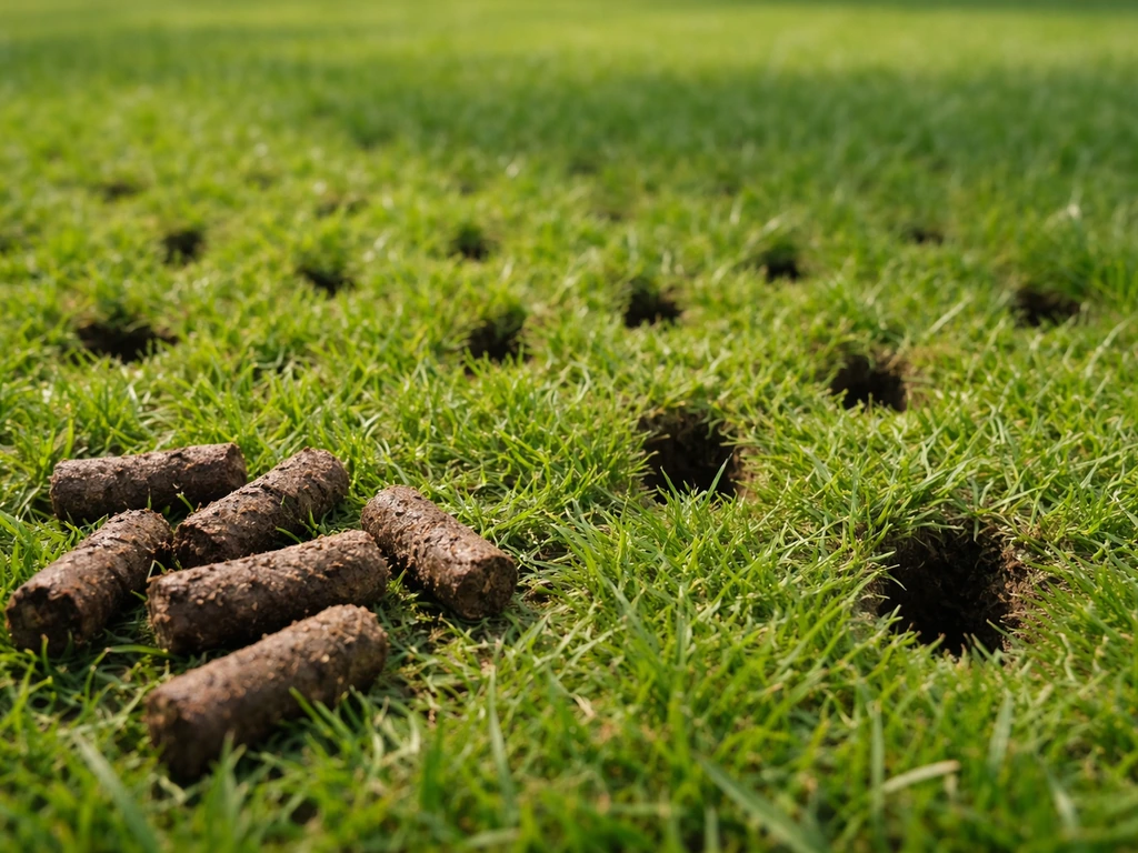 Close-up van een belucht gazon met zichtbare prikgaten en enkele losse grondkernen tussen het gras.