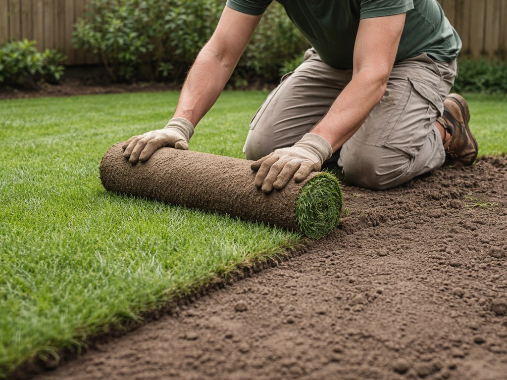 Tuinier rolt vers gras uit op een bestaand gazon met licht vochtig, vlak oppervlak