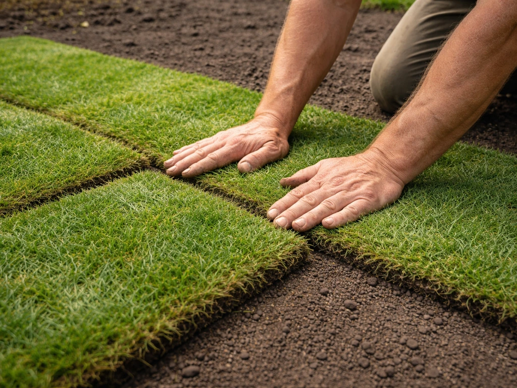 Handen leggen nieuw graszoden in baksteenpatroon en drukken de naden stevig aan op vochtige grond.