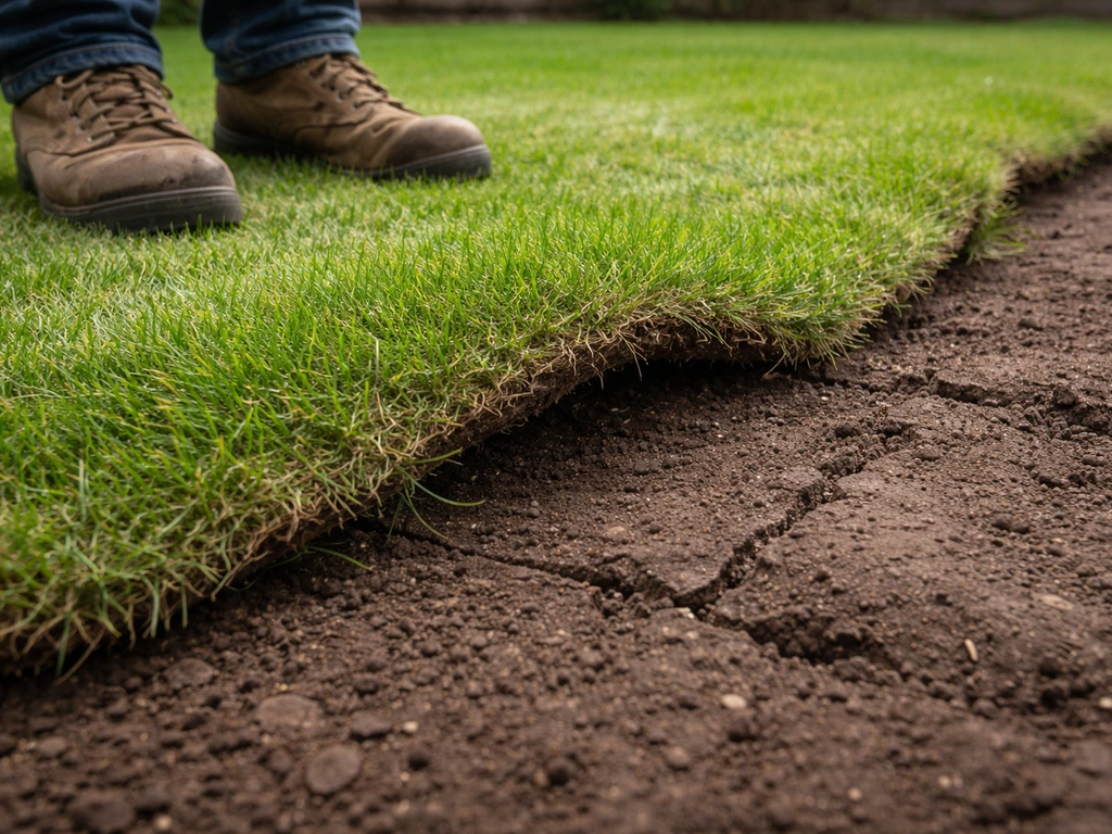 Close-up van graszode met luchtpockets: zode veert terug en laat zichtbare holtes onder de grasmat zien.