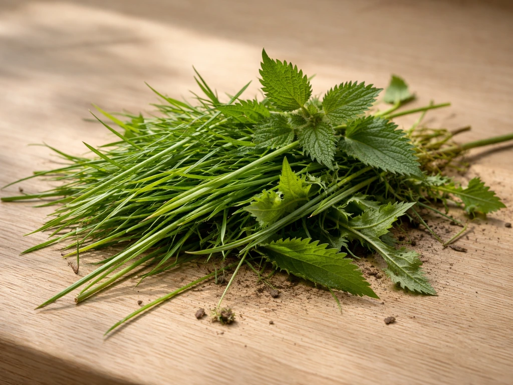 Handvol vers groen gras en enkele onkruiden op een houten werkvlak, klaar om te verwerken.