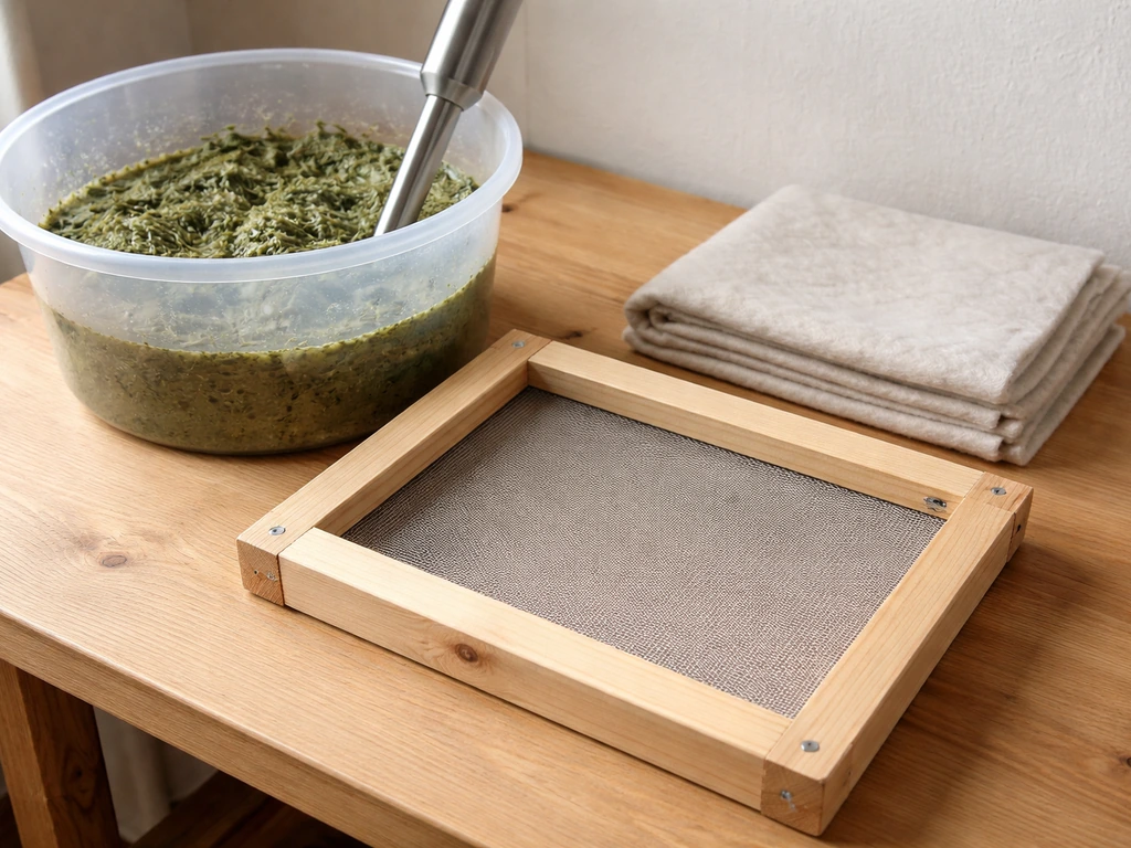Schepraam met horregaas, pulpbak met gras-pulp en blender/staafmixer op een houten werkblad, klaar voor graspapier.