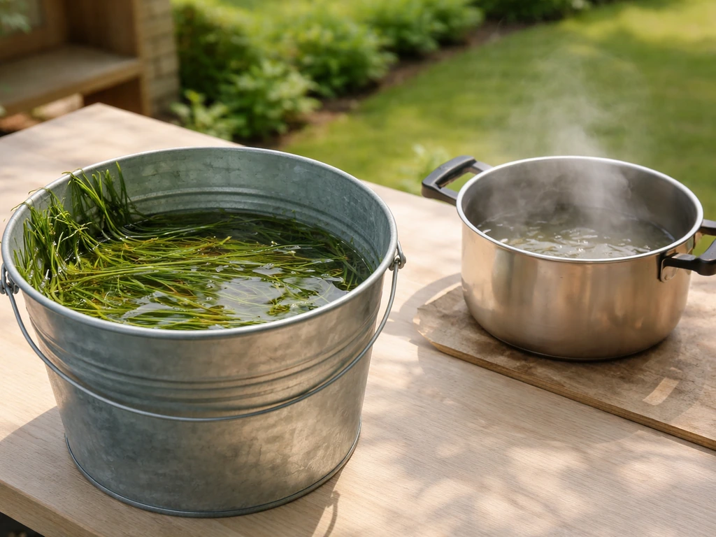 Emmer met gras dat aan het weken is naast een pan met zachtjes stoomend water, schoon en veilig.