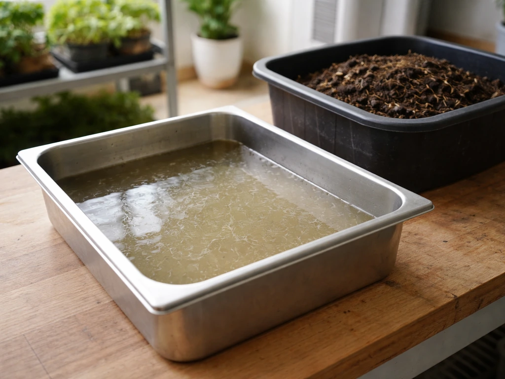 Opvangbak met gezeefd proceswater naast een plantenkweekbak, met een schone compost/mulch-suggestie op de achtergrond.