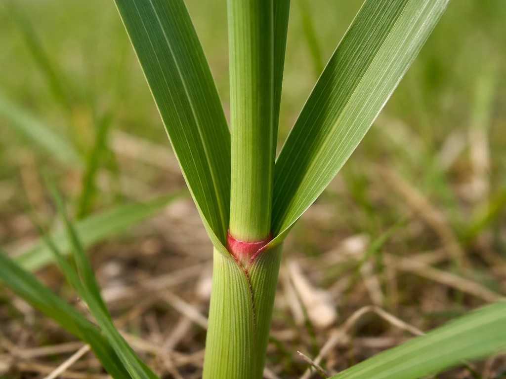 Close-up van breed, plat groen gras met licht roodachtige steelbasis en bladbasis zonder tongetje.