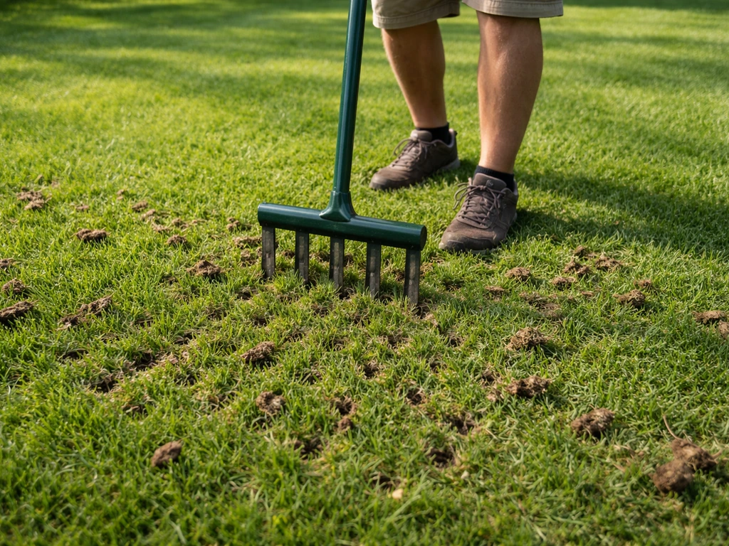 Close-up van beluchten: prikgaten in het gazon met opgeboorde grasresten en grond tussen de sprieten.
