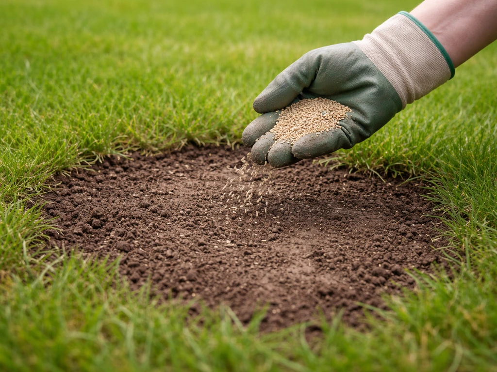 Hand die gazongraszaad in kale plek op het gazon uitstrooit, met lichte aanharksporen zichtbaar