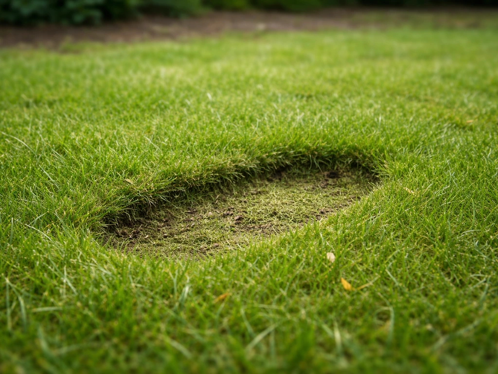Sponzige, verdichte grasmat met duidelijke voetdrukplek en zwakke doorworteling in een stille tuin.