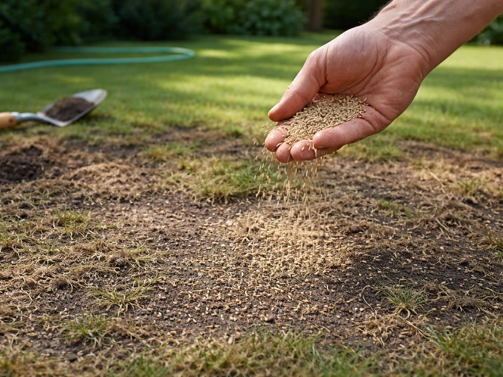 Tuinierstrooiende graszaadjes over een open, pas verticuteerd gazon met werkschep en tuinslang op de achtergrond.