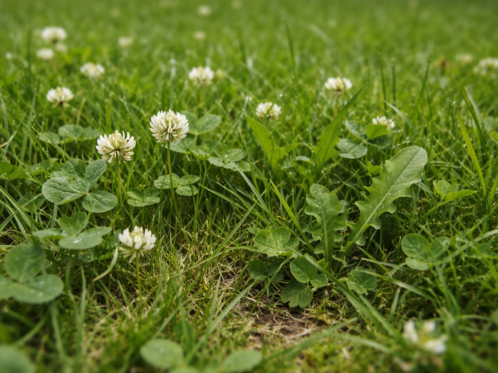 Close-up van een gazon met gras en witte klaver zichtbaar tussen het gras.