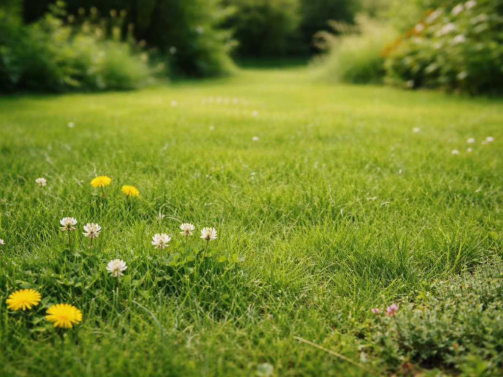 Groen gazon met gras, klaver en paardenbloemen, met subtiele lage kruidenplantjes als bewuste beplanting.