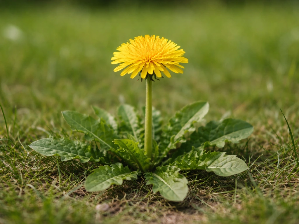 Gele paardenbloem met holle steel en bladrozet dicht bij de grond in het gras
