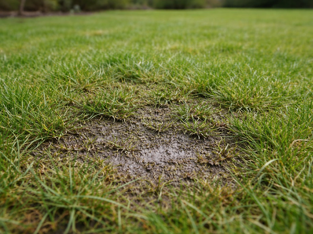 Grasmat met zichtbare verdichtingsplek en natte bodemsporen, alsof de grond slecht doorlaatbaar is.