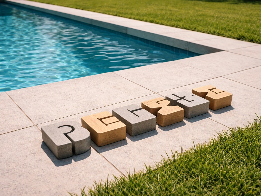 Minimalistische foto van grasveld naast zwembad met enkele puzzelblokjes op de voorgrond.