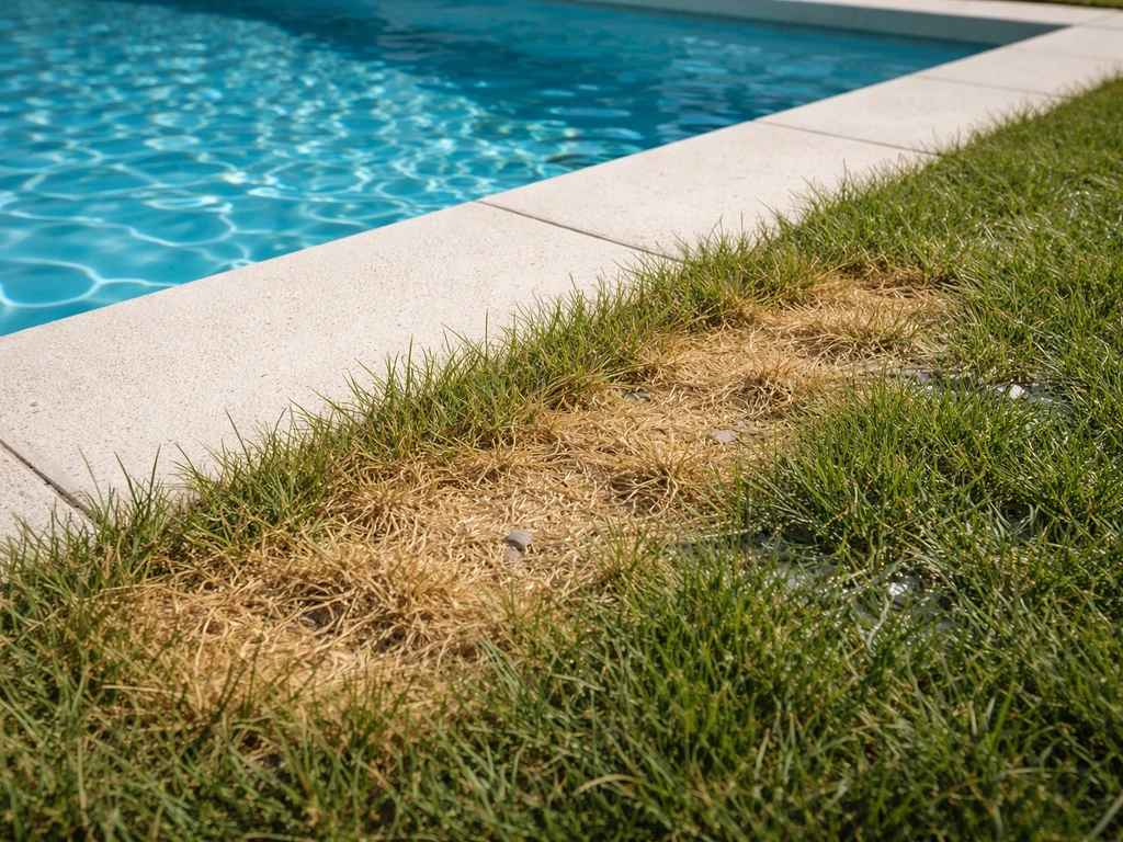 Gele en bleke grasplekken direct naast de zwembadrand door zwembadwater met chloor en spatten