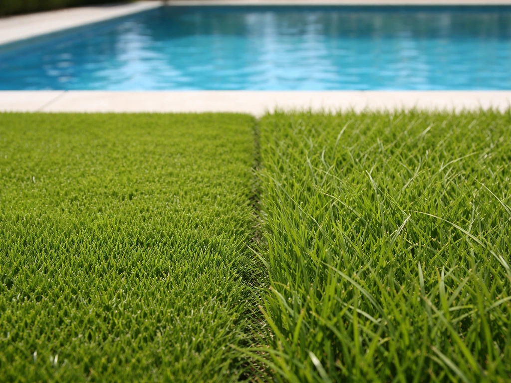 Close-up van sportgazon en raaigrasstructuur naast elkaar bij een zwembadrand, in natuurlijk daglicht.