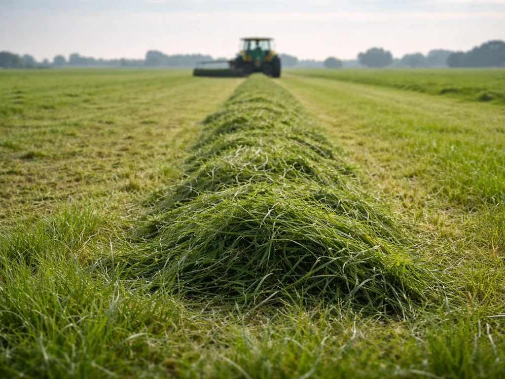 Vers gemaaid gras in een windrow op het land, klaar om te worden ingekuild.