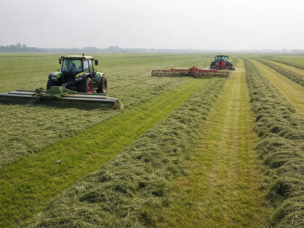 Boer maait, laat het gras schudden en harken op een veld dat indroogt, met machines in één eenvoudige scène.