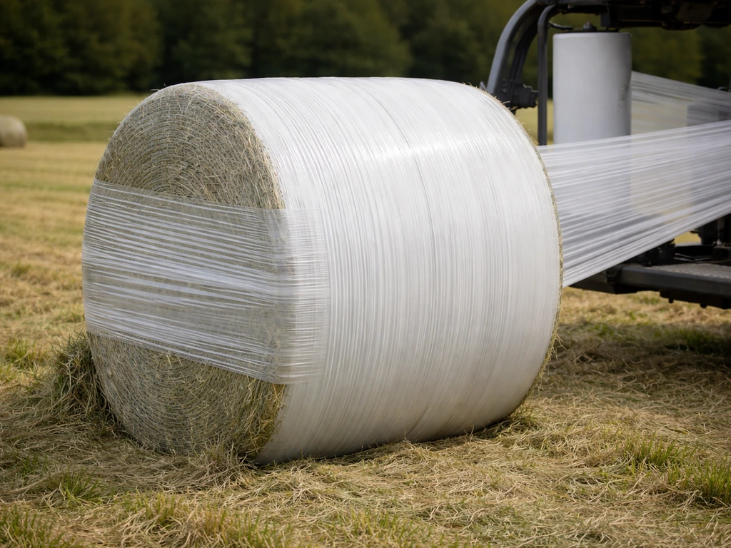 Ronde grasbale strak gewikkeld met meerdere lagen rekfolie, in een landelijk veld.