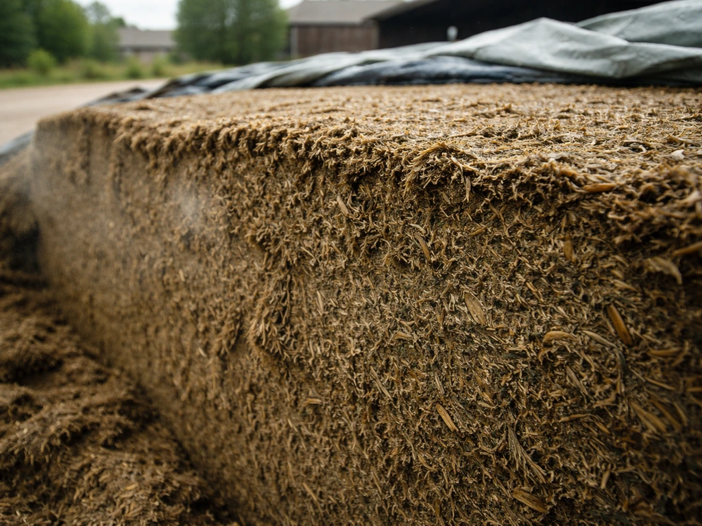 Close-up bij het openen van een kuil: groenbruine vezelstructuur met frisse, licht zurige uitstraling.