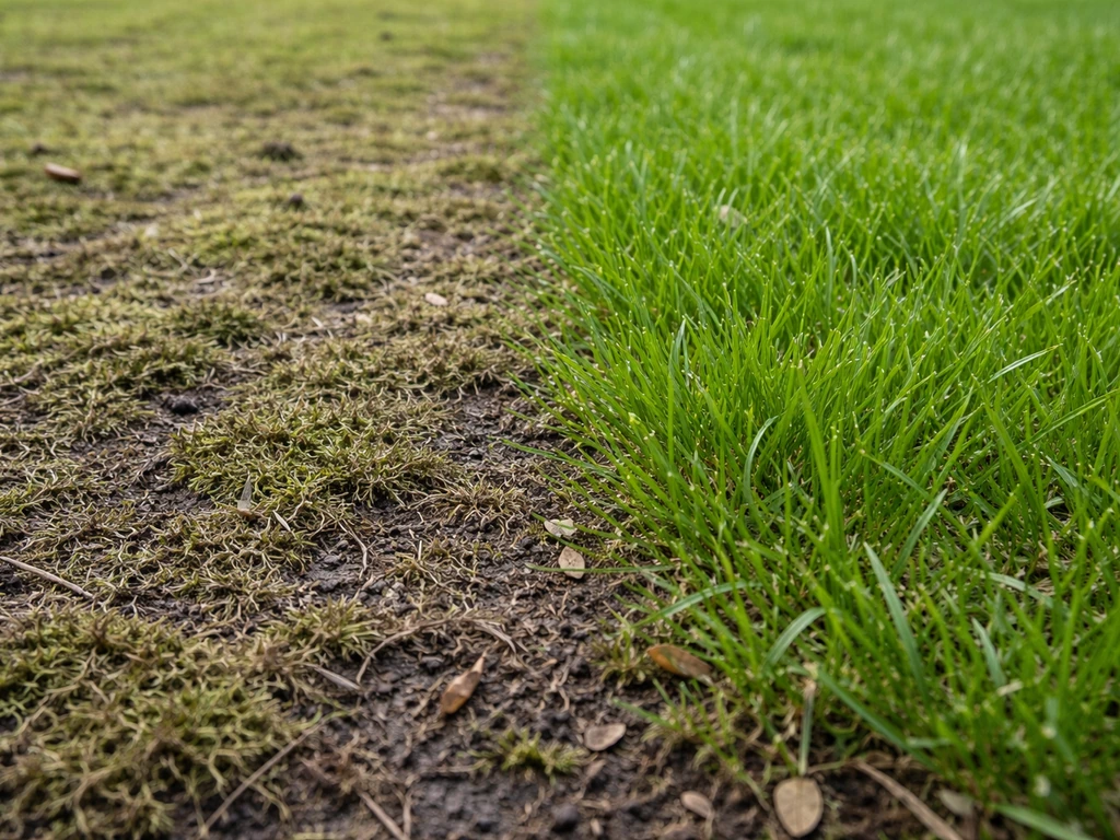 Close-up van een Nederlands gazon met duidelijke tegenstelling: plekken met mos/vilt tegenover dicht, groen gras.