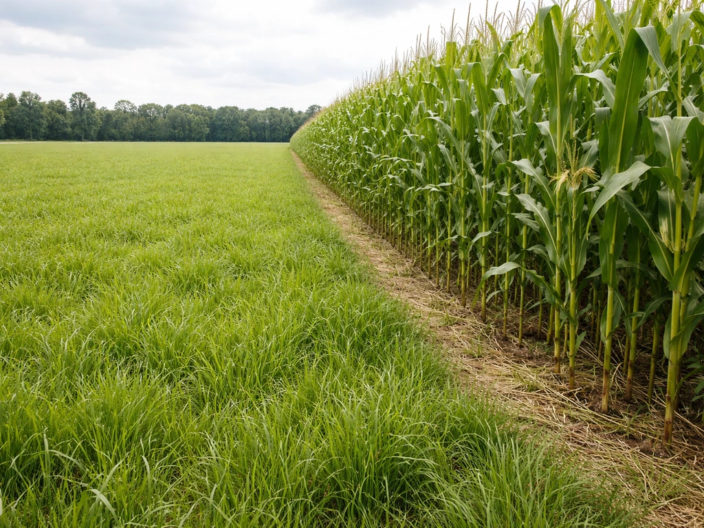 Links grasland en rechts maïsperceel, als duidelijke vergelijking van grasgevoerd vs graangevoerd.