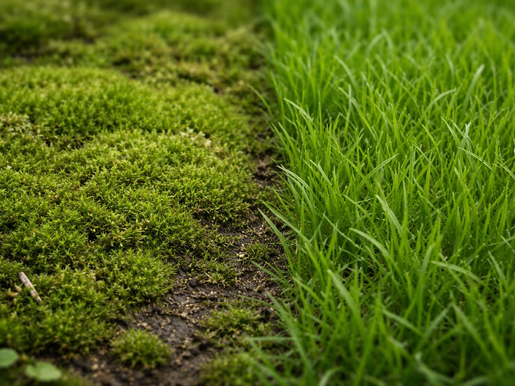 Close-up van mos in een vochtige, schaduwrijke grasmat naast een gezonder, dichtgroeiend stuk gras.