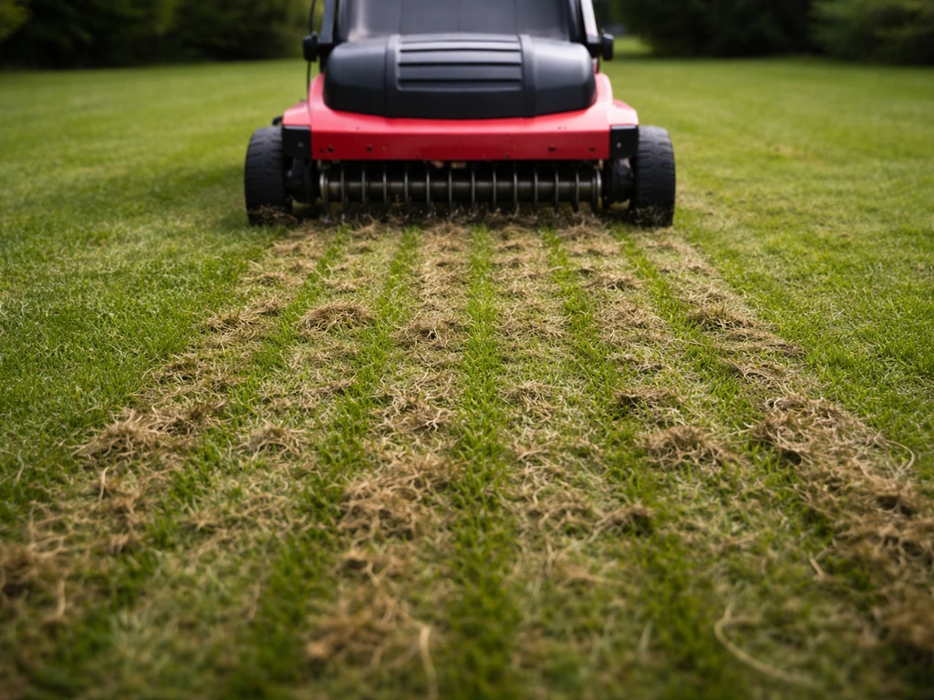 Verticuteermachine die sneden maakt in de grasmat, met zichtbaar opgewerkt vilt na het verticuteren